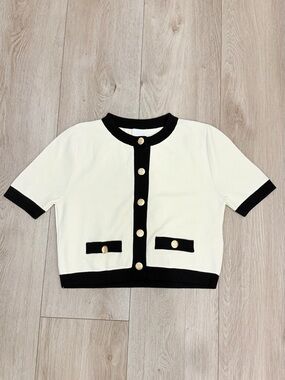 H&M White Short Sleeve Cardigan with Black Trim and Gold Buttons